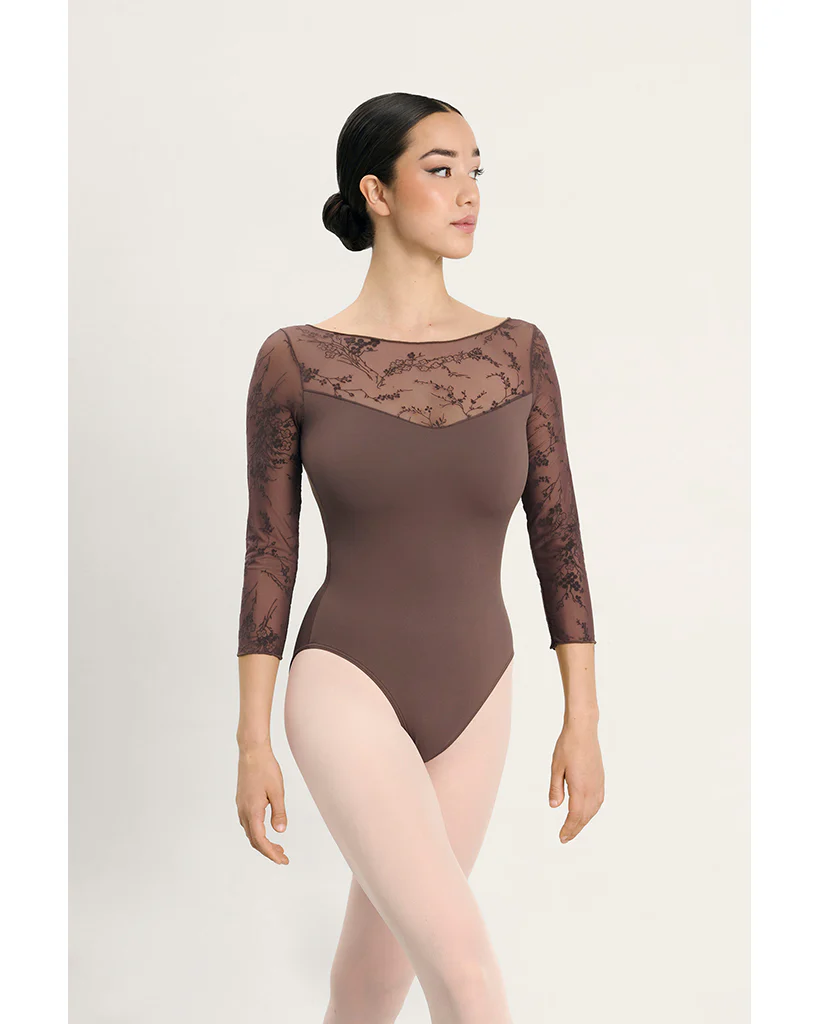 Intermezzo Gina Boat Neck Floral Velvet Flocked Mesh 3/4 Sleeve Leotard - 31718 Womens