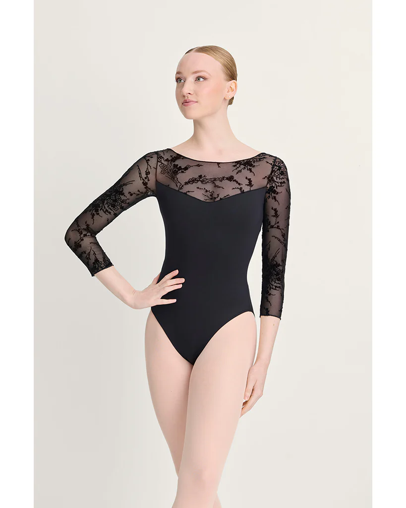 Intermezzo Gina Boat Neck Floral Velvet Flocked Mesh 3/4 Sleeve Leotard - 31718 Womens - Image 3