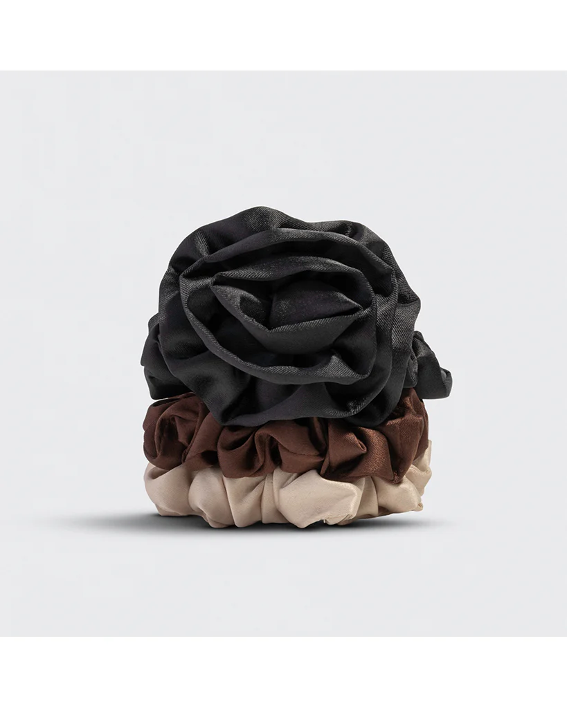 Kitsch Rosette Ruched Satin Scrunchies 3 pc Set - Black - Image 2