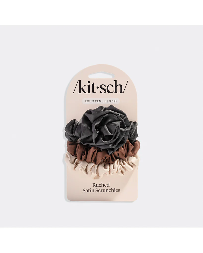 Kitsch Rosette Ruched Satin Scrunchies 3 pc Set - Black - Image 4