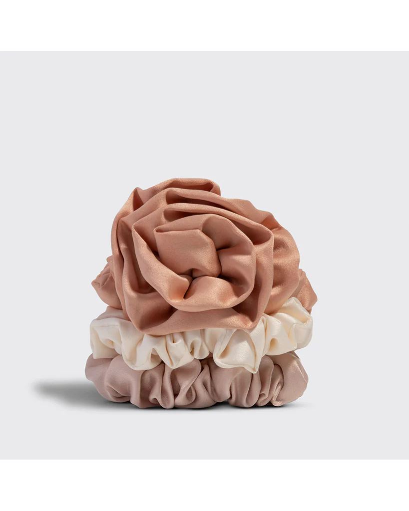 Kitsch Rosette Ruched Satin Scrunchies 3 pc Set - Terracotta - Image 2