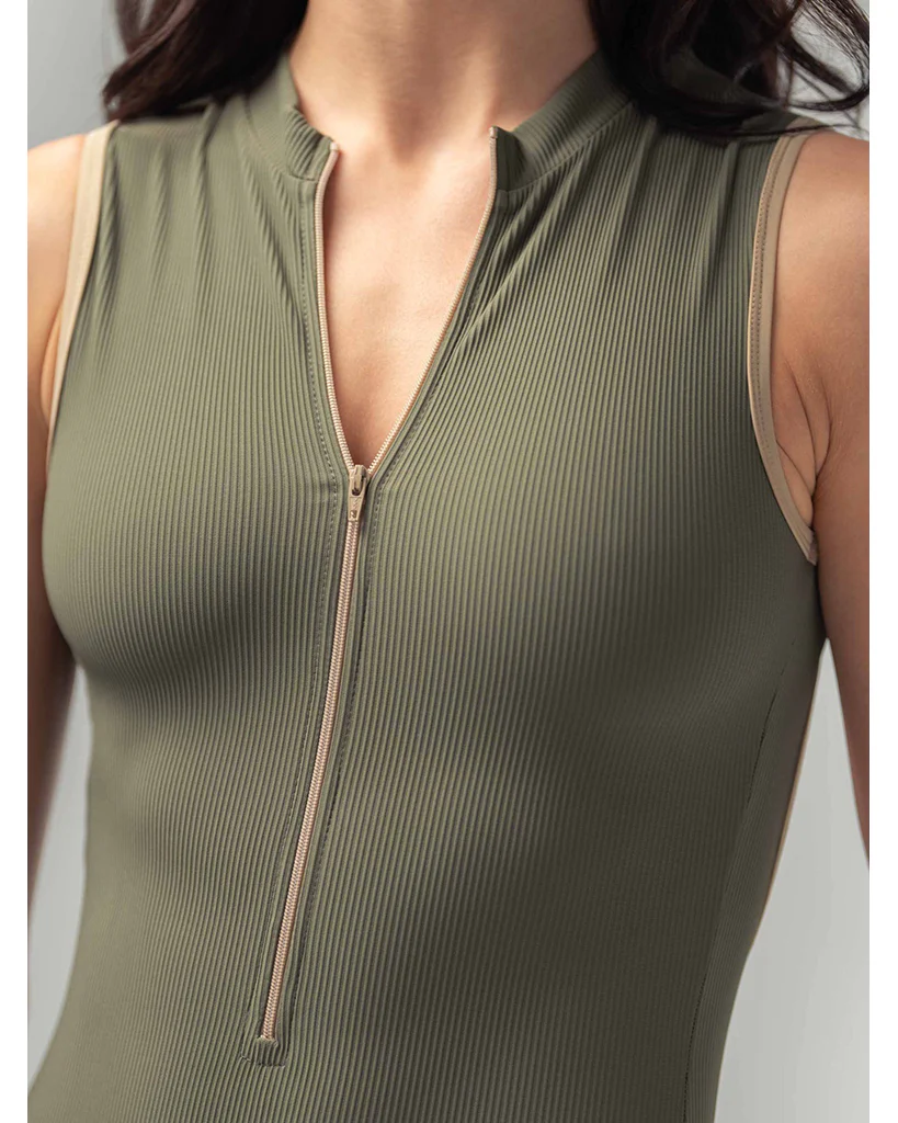 Mara Dancewear Aura Zip Front Mock Neck High Compression Ribbed Sleeveless Leotard - Deep Green - Image 2