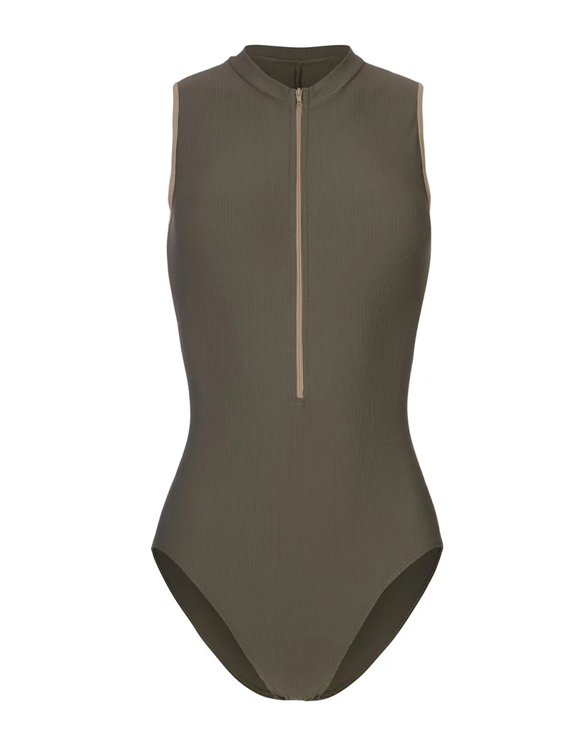 Mara Dancewear Aura Zip Front Mock Neck High Compression Ribbed Sleeveless Leotard - Deep Green - Image 9
