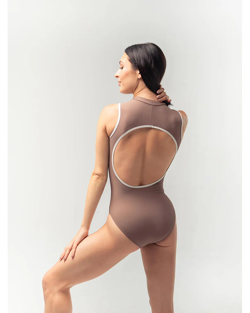 Mara Dancewear Aura Zip Front Mock Neck High Compression Ribbed Sleeveless Leotard - Mocha - Image 4
