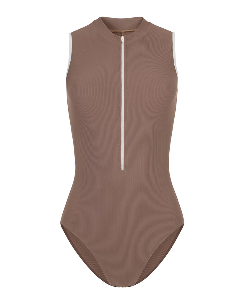Mara Dancewear Aura Zip Front Mock Neck High Compression Ribbed Sleeveless Leotard - Mocha - Image 8