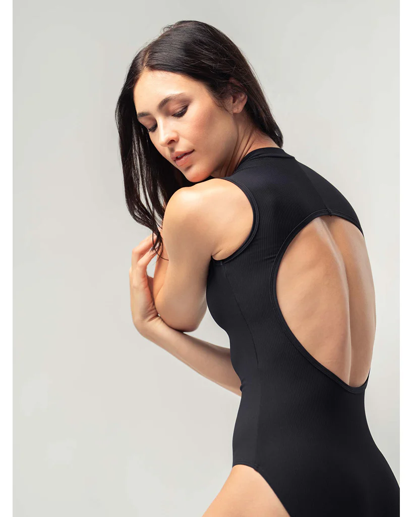 Mara Dancewear Aura Zip Front Mock Neck High Compression Ribbed Sleeveless Leotard - Total Black - Image 2
