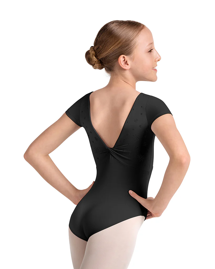 Mirella Boat Neck Kaleidoscope Velvet Detail Twist Back Cap Sleeve Leotard - M20005C Girls - Image 2