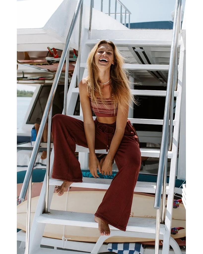 Spiritual Gangster Lofty Slub Rib Claudia Wide Leg Pant - Womens - Washed Burgundy - Image 4