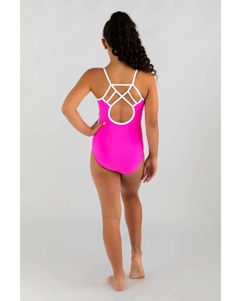 Sylvia P Carter Mesh Side Panel Camisole Gymnastic Leotard  - Girls - Neon Pink / White - Image 2