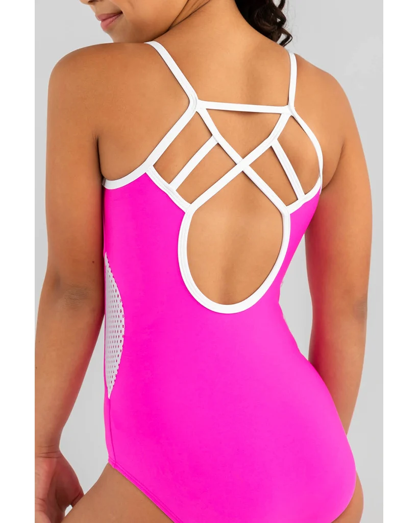 Sylvia P Carter Mesh Side Panel Camisole Gymnastic Leotard  - Girls - Neon Pink / White - Image 3