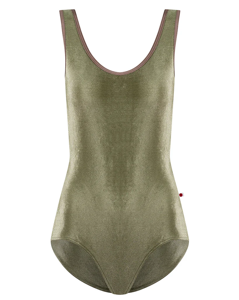Yumiko Veronique in Velvet Scoop Neck Cut Out Back Tank Leotard - Womens - Safari / Star
